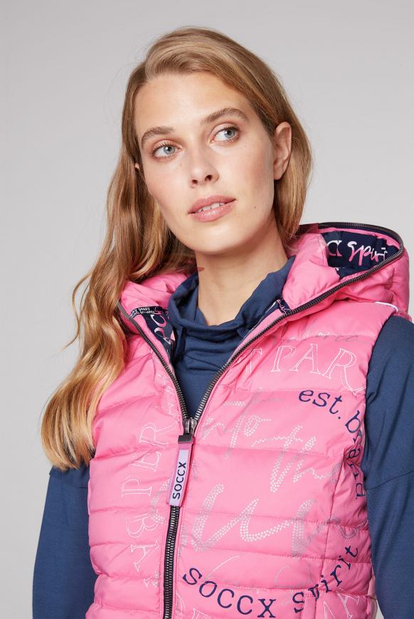 SOCCX Damen Steppweste mit Kapuze und Label Prints