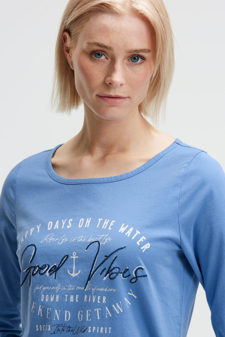 Rundhalsshirt mit 3/4-Ärmeln und Seitenraffung