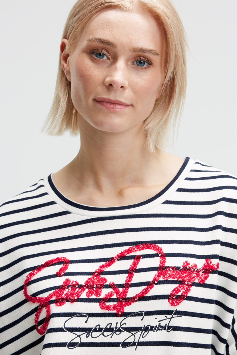 Streifensweatshirt mit Kurzarm und Pailletten-Wording