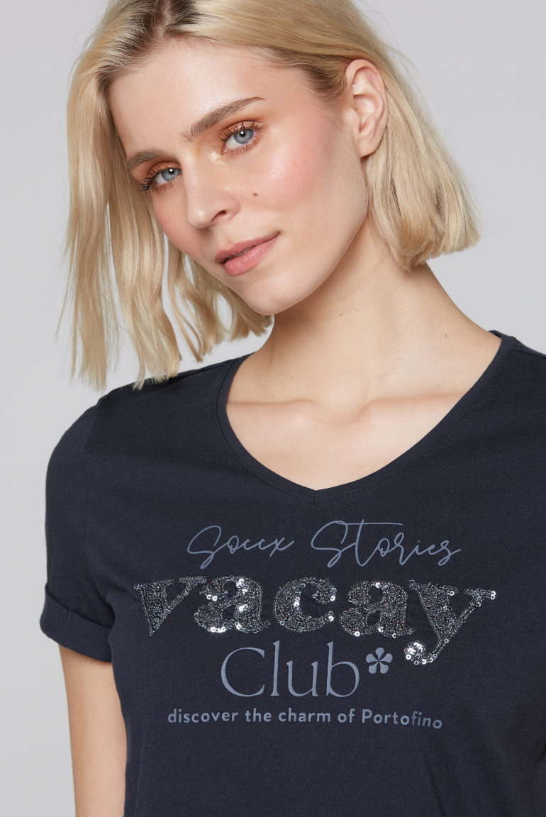 T-Shirt mit V-Ausschnitt und Pailletten-Artwork