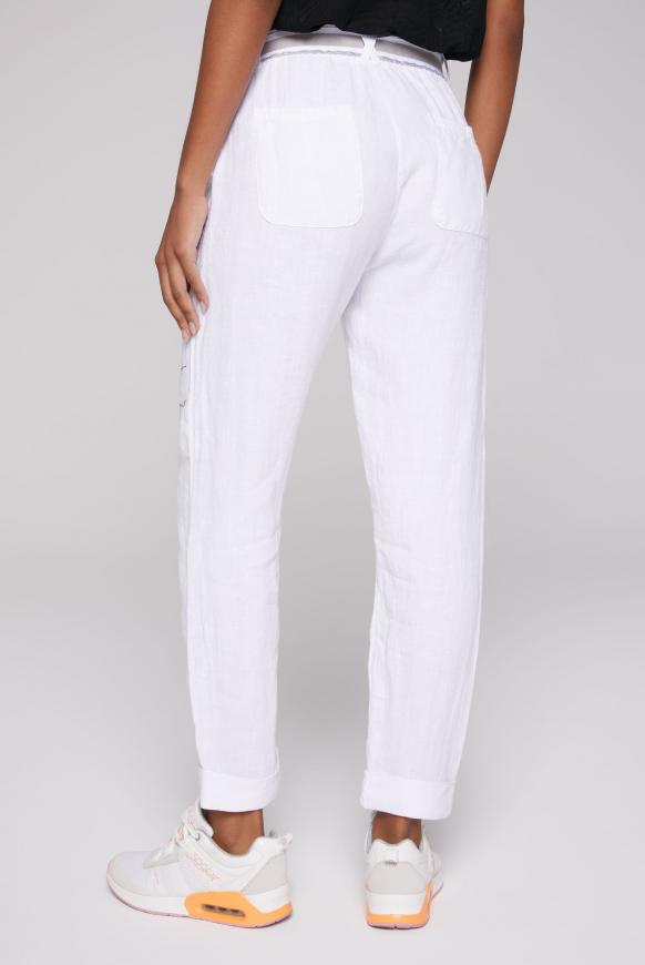 Leinenhose mit Bindegürtel und Logo Print
