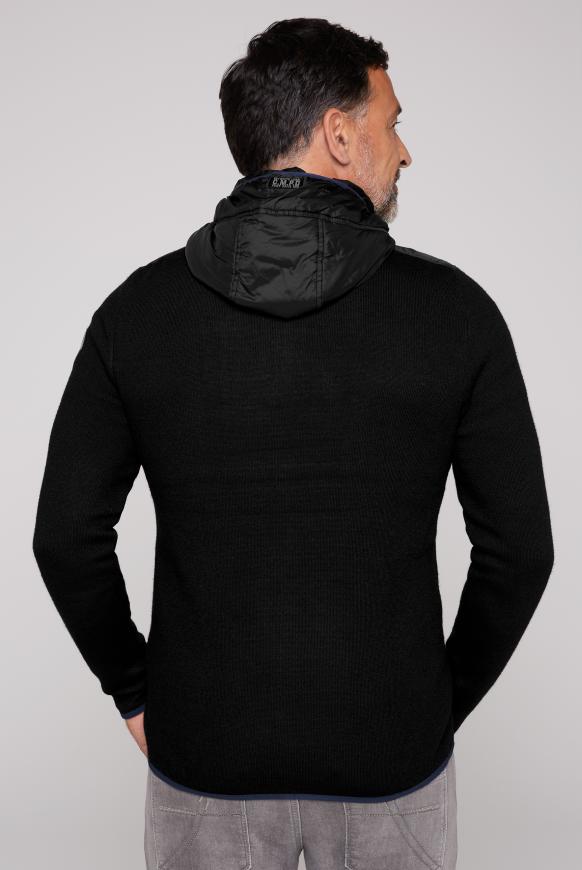 Strickjacke mit Kapuze im Materialmix