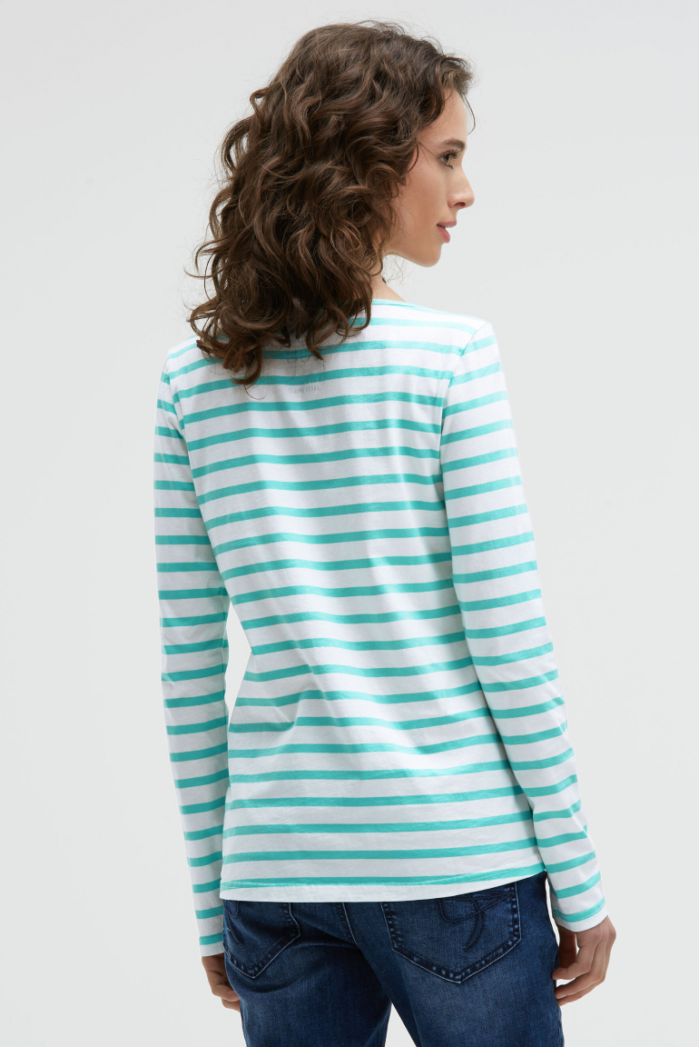 Gestreiftes Longsleeve mit U-Boot-Ausschnitt und Print