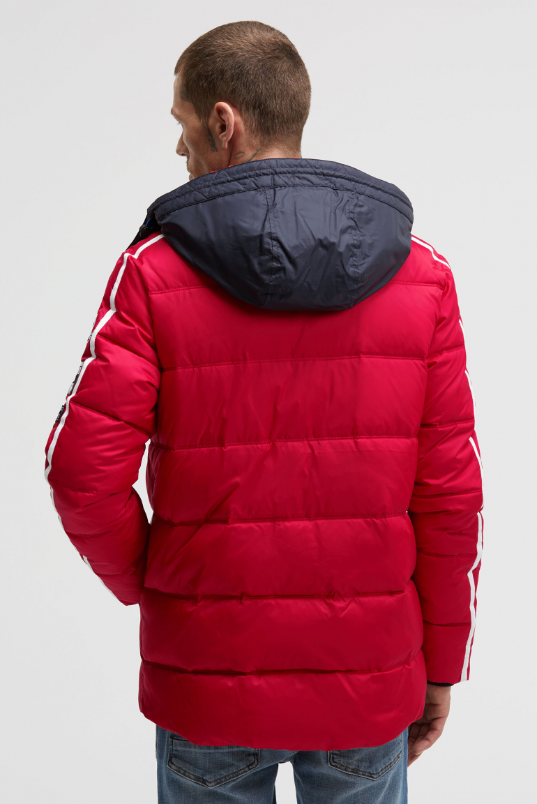 Lange Steppjacke mit Tapes, Patches und Kapuze
