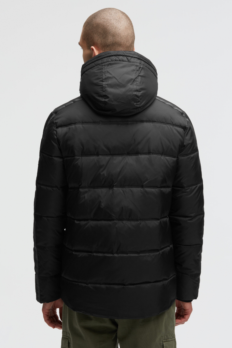 Lange Steppjacke mit Tapes, Patches und Kapuze