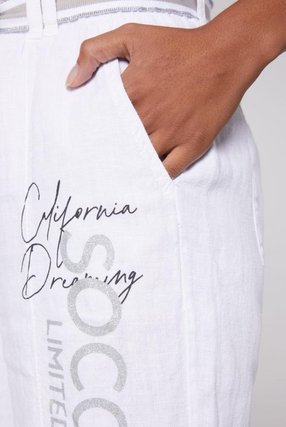 Leinenhose mit Bindegürtel und Logo Print