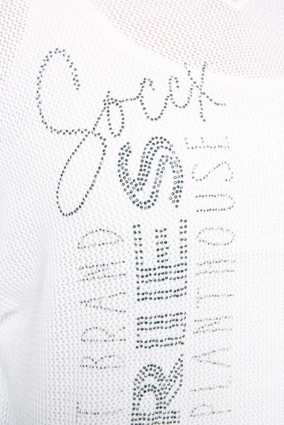 Mesh-Pullover mit Wording aus Glitzersteinen