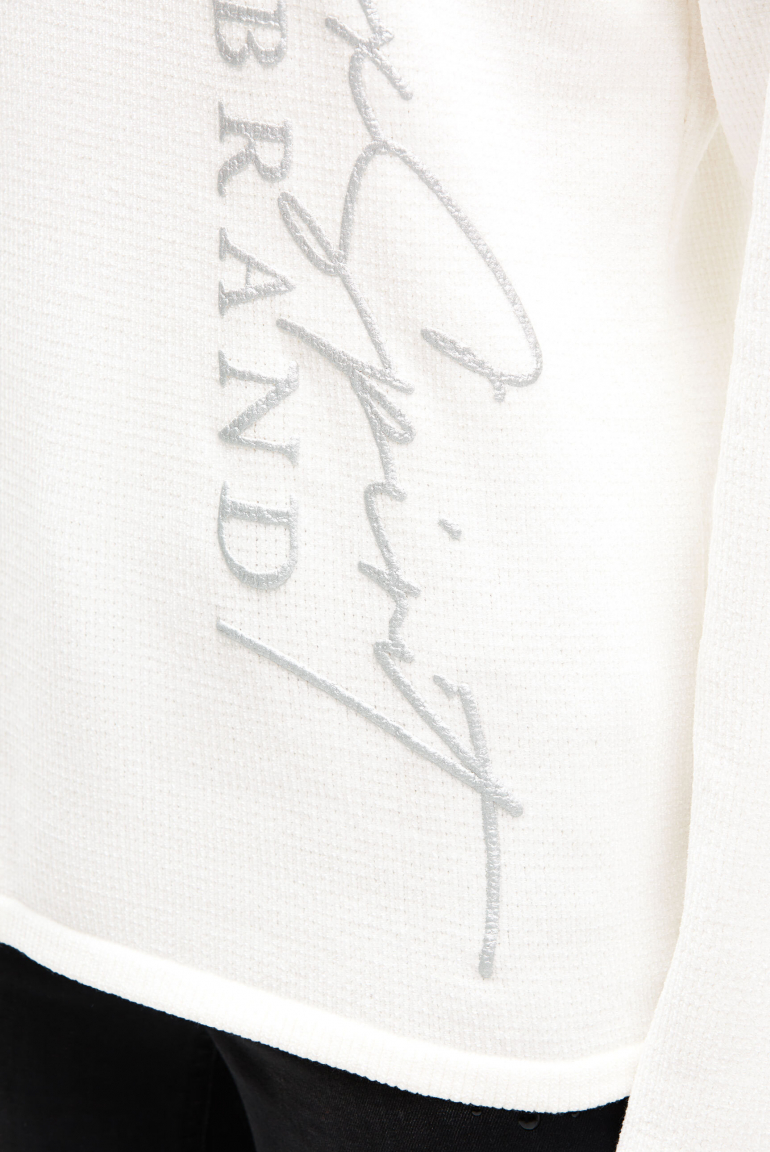 Chenille-Pullover mit hohem Kragen und Artwork