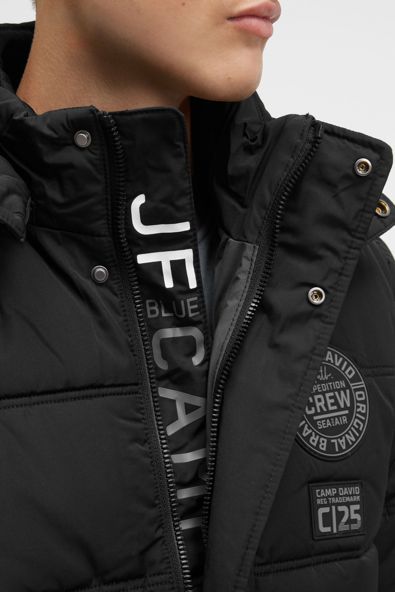 Lange Steppjacke mit Kapuze und Rücken-Artwork