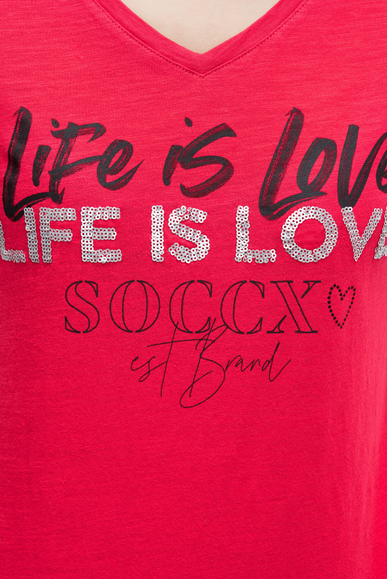 T-Shirt mit V-Ausschnitt und Pailletten-Wording