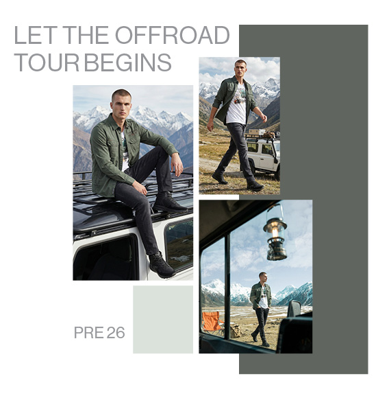 Model mit Olivgrünem Oberteil stehend vor einem weißen Auto