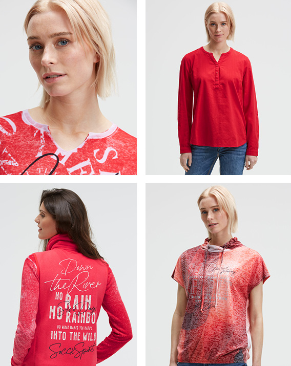 vier Models tragen rote Shirts